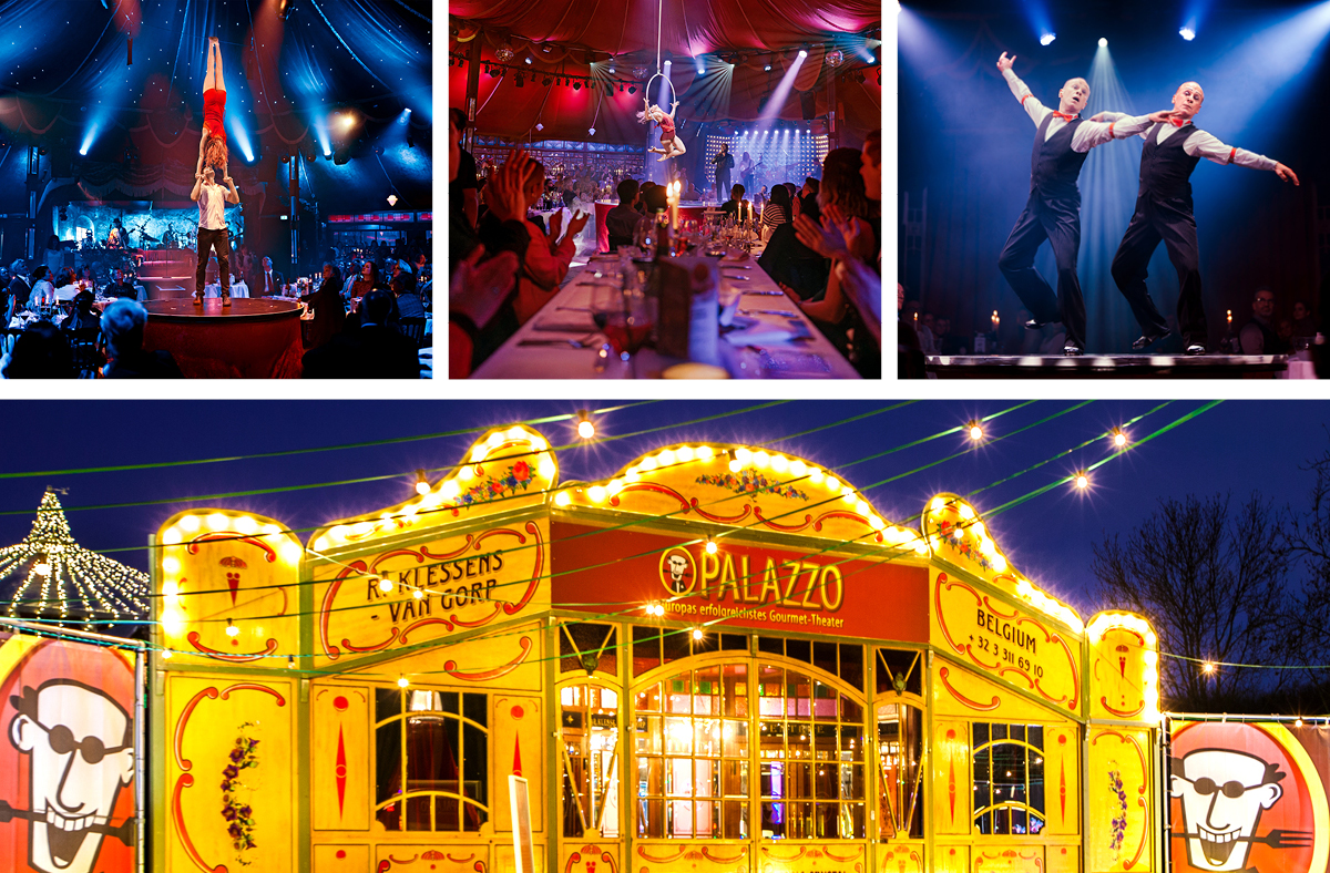 Artisten sind zu sehen, sowie der Spiegelpalast (großes Zirkuszelt) in dem die Dinnershow stattfindet.
