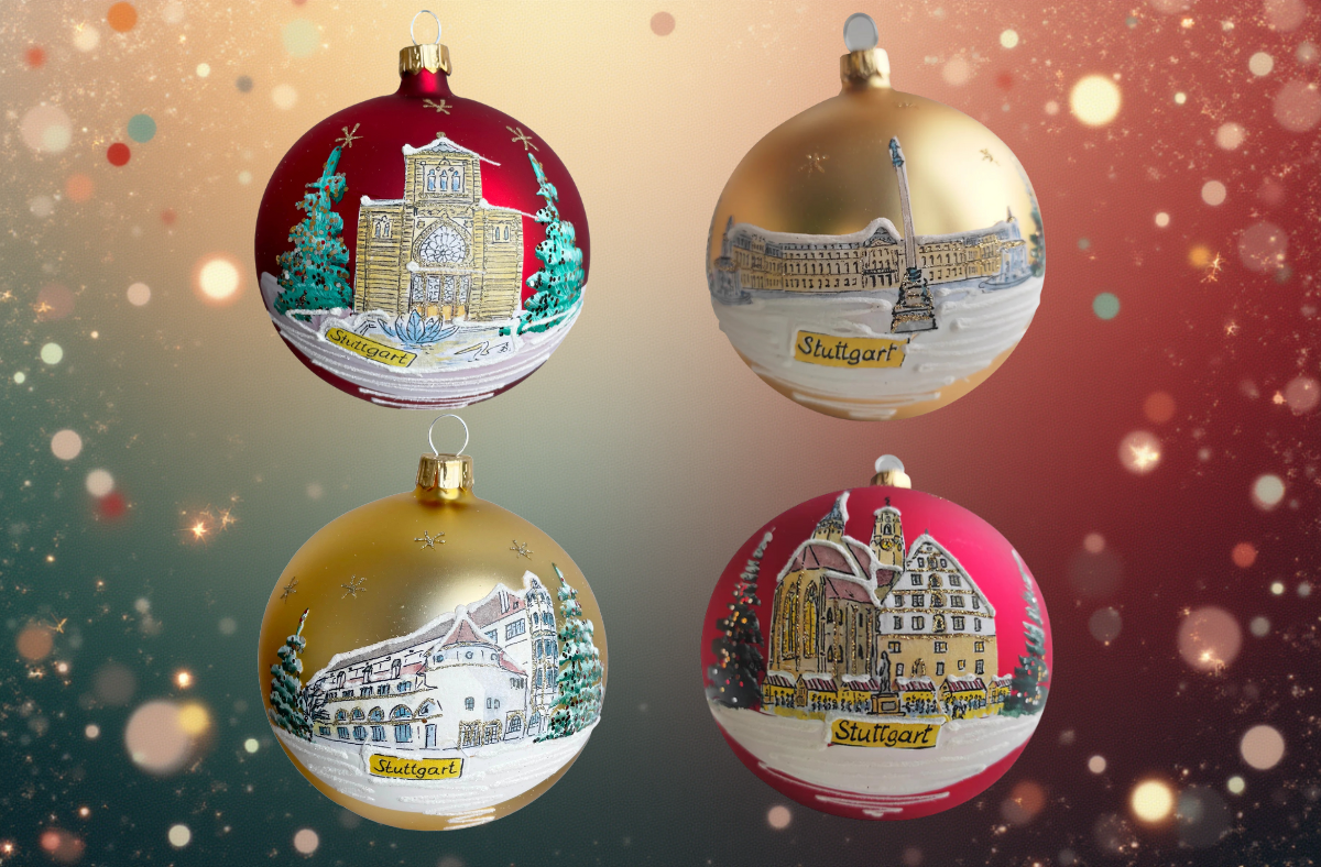 Stuttgarter Weihnachtskugeln on Rot und Gold mit unterschiedlichen Motiven