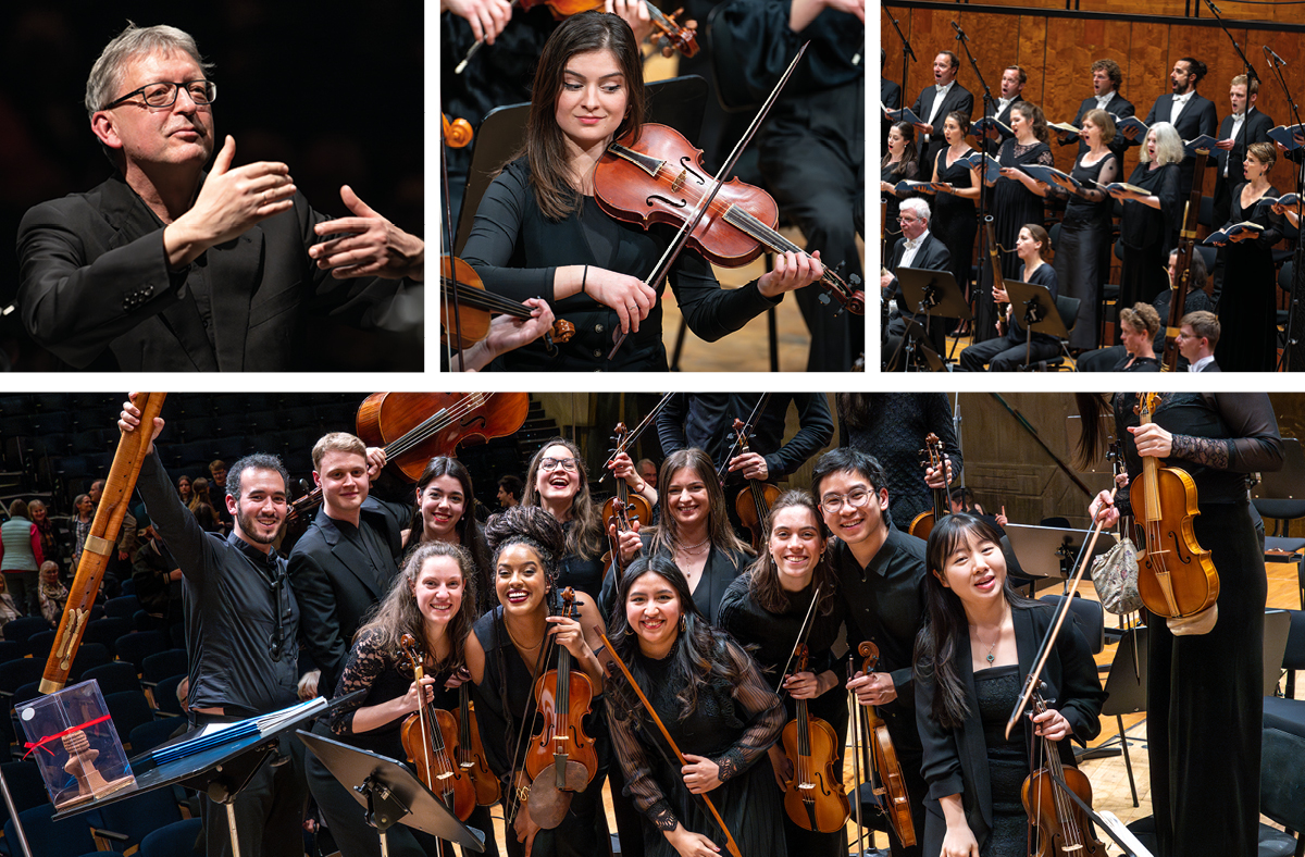 Unterschiedliche Bilder von Orchestern und eine Violinistin