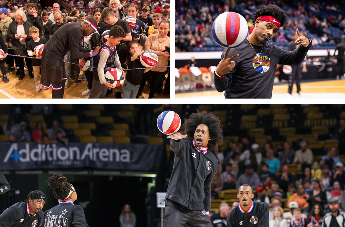 Eine Bildcollage mit Bildern der Spieler der Harlem Gobetrotters